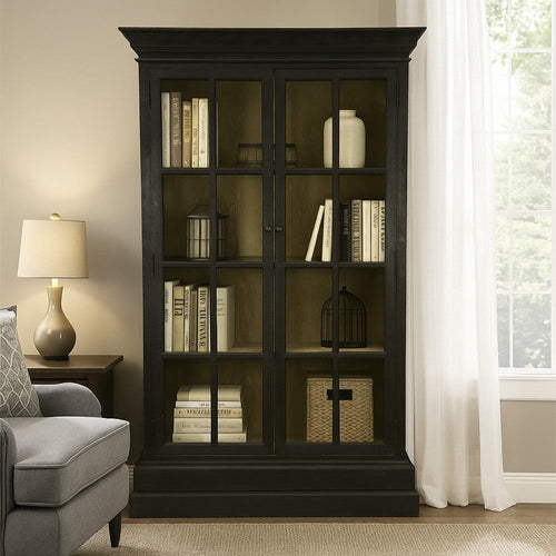 Geny Library Bookcase Cabinet, 2 Glass Door, 3 Shelves, 59" Black