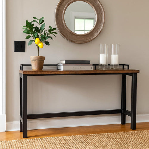 Fyan Counter Table w Rails, Black Iron Base, 71 Inch Rectangular Top