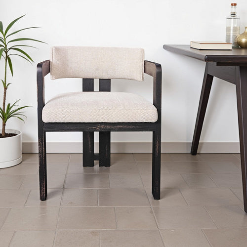 Lasy Accent Dining Side Chair, White Fabric, Black Solid Wood