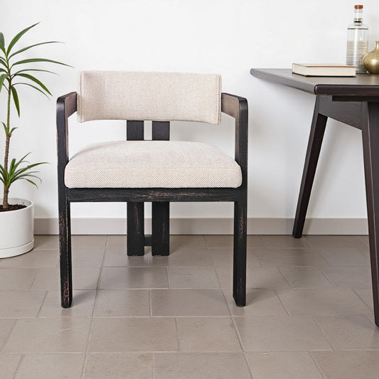 Lasy Accent Dining Side Chair, White Fabric, Black Solid Wood