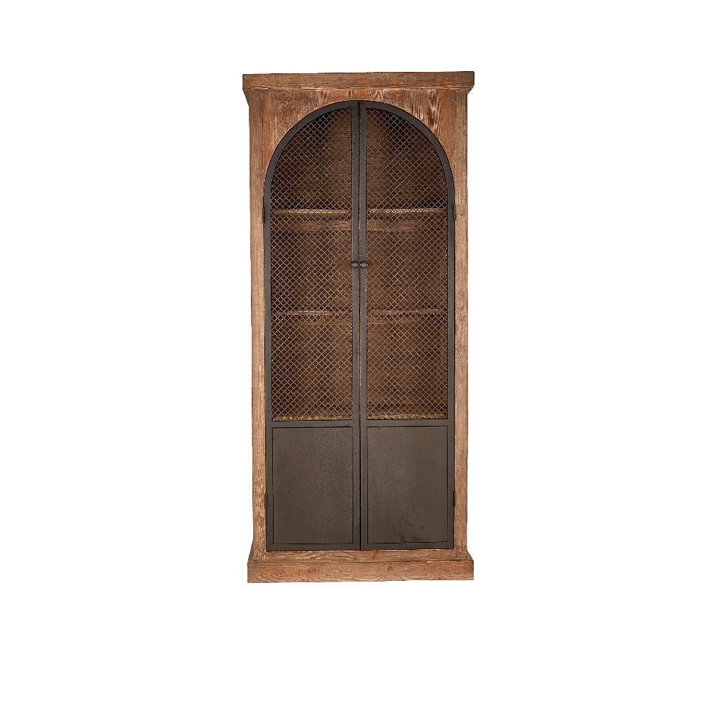 Ary Curio Cabinet Arch Iron Mesh Door 93 Inch Tall Brown Pine Wood BM326581