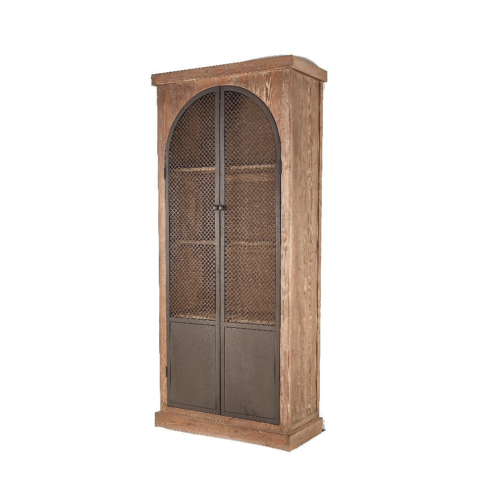 Ary Curio Cabinet Arch Iron Mesh Door 93 Inch Tall Brown Pine Wood BM326581
