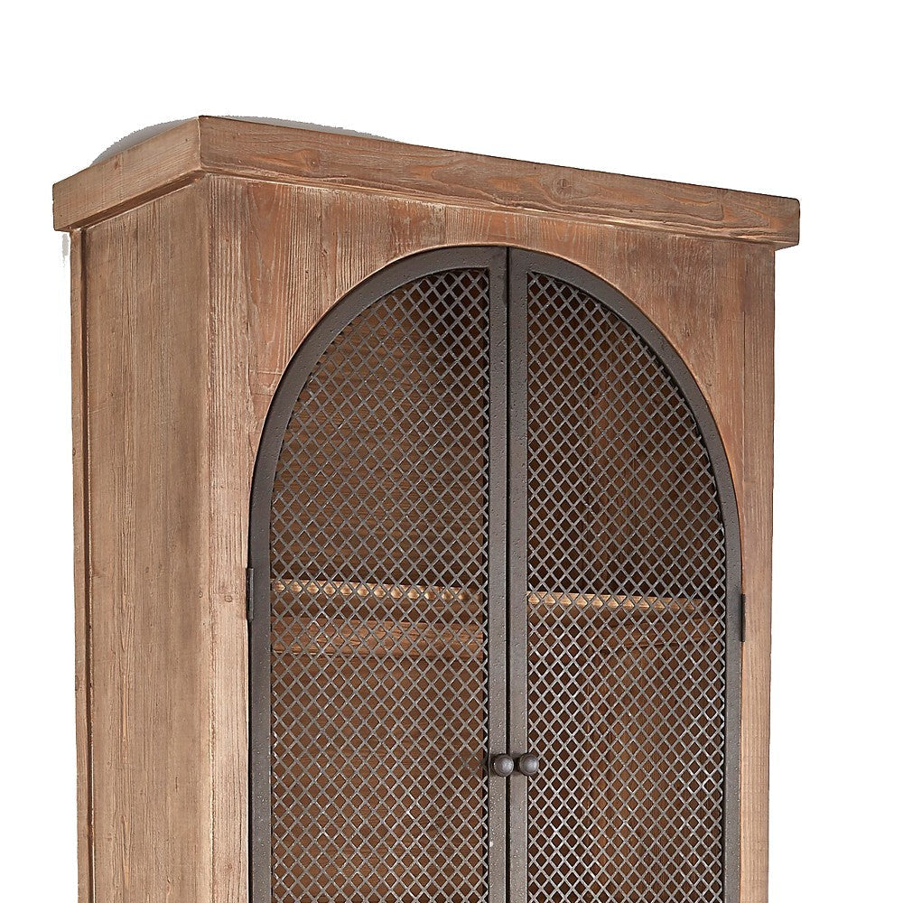 Ary Curio Cabinet Arch Iron Mesh Door 93 Inch Tall Brown Pine Wood BM326581