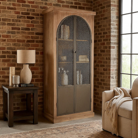 Ary Curio Cabinet, Arch Iron Mesh Door, 93 Inch Tall, Brown Pine Wood