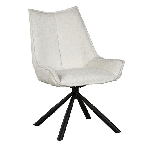 Amyra Swivel Accent Side Chair, White Fabric, Modern Black Iron Frame