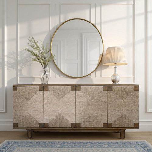 Augy Accent Cabinet Console, 4 Doors, Gray and Brown Pine Wood, 77"