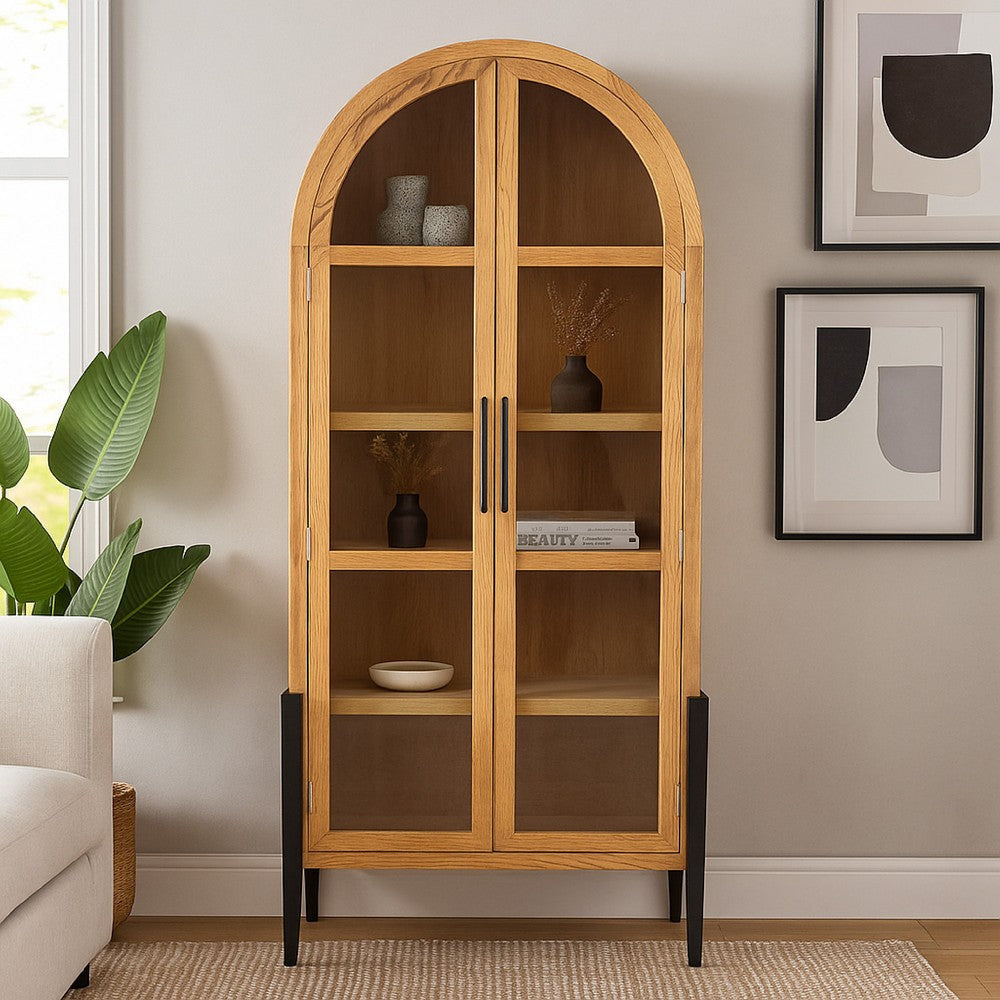 Bely Tall Curio Cabinet, Arch Accent Glass Doors, Black, Brown 83"
