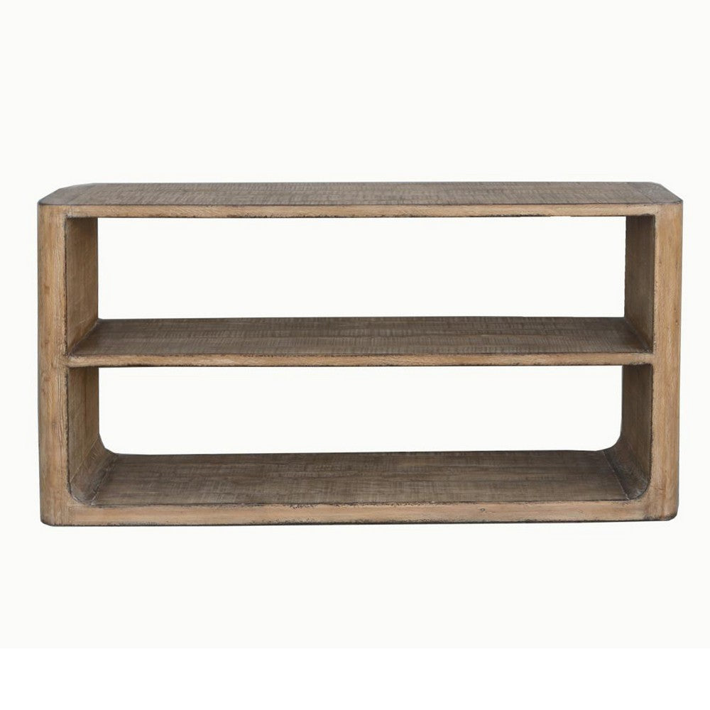 Roki Sofa Console Table w 2 Shelf 60’’ Natural Brown Pine Wood Top BM326589