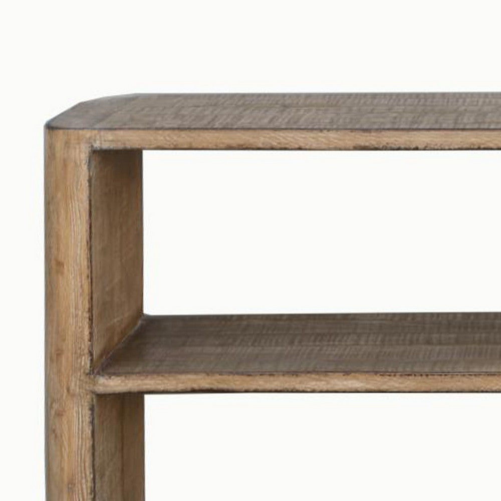 Roki Sofa Console Table w 2 Shelf 60’’ Natural Brown Pine Wood Top BM326589