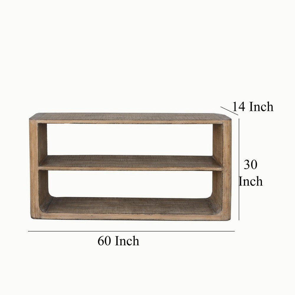 Roki Sofa Console Table w 2 Shelf 60’’ Natural Brown Pine Wood Top BM326589
