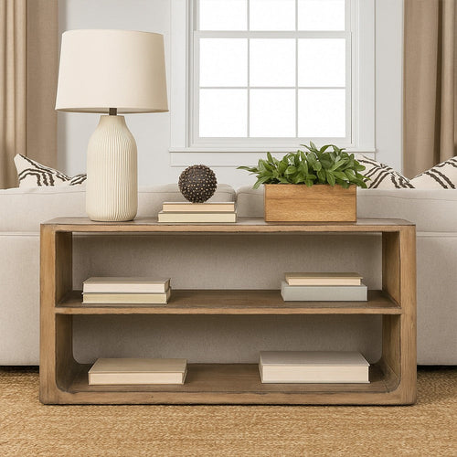 Roki Sofa Console Table w 2 Shelf, 60" Natural Brown Pine Wood Top