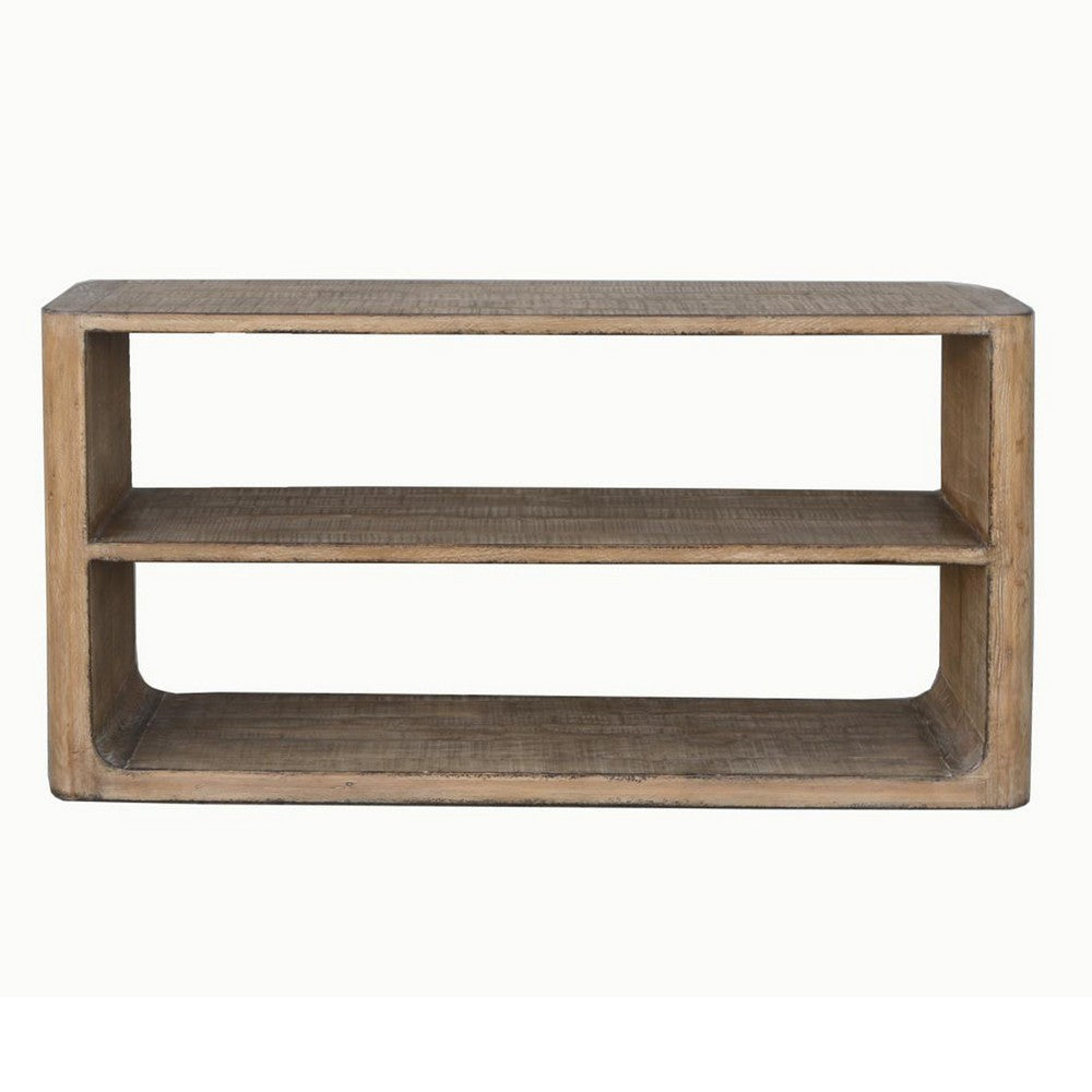 Roki Sofa Console Table w 2 Shelf, 60" Natural Brown Pine Wood Top
