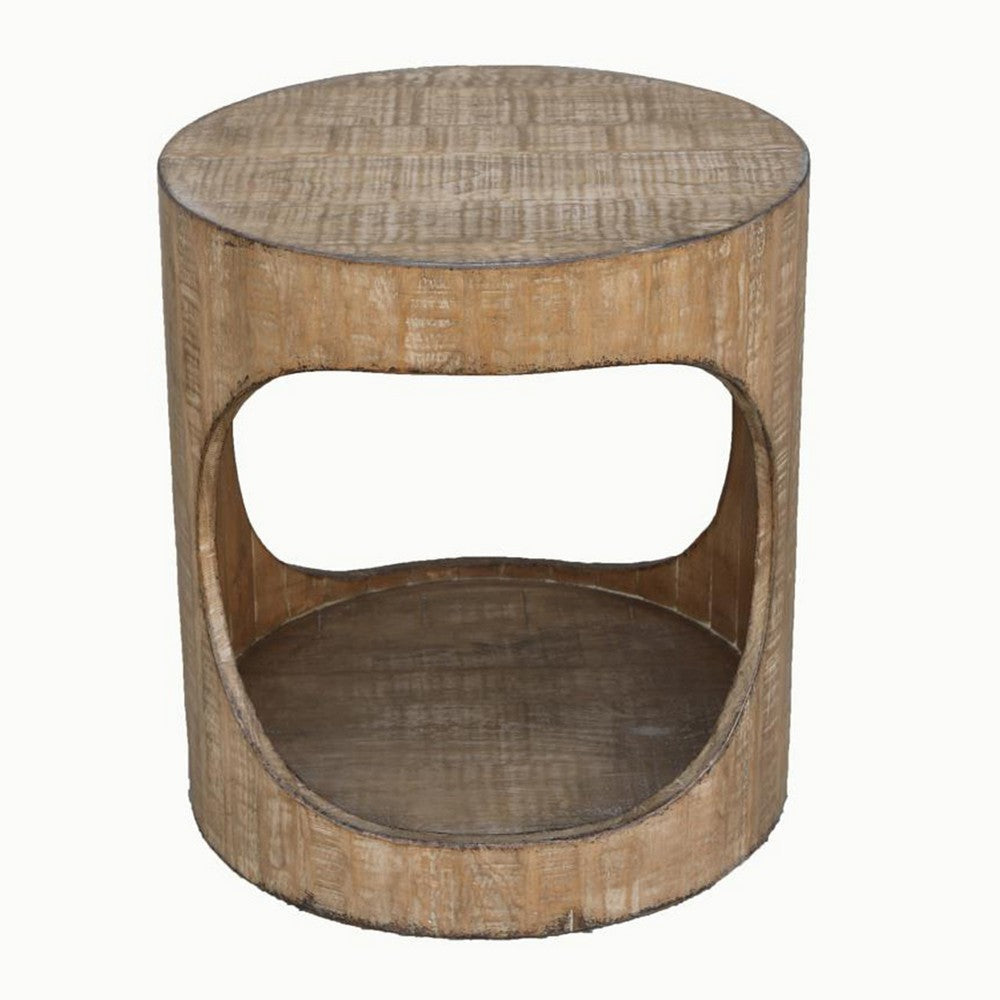 Roki Side End Table w Shelf 22’’ Natural Brown Pine Wood Round Top BM326590
