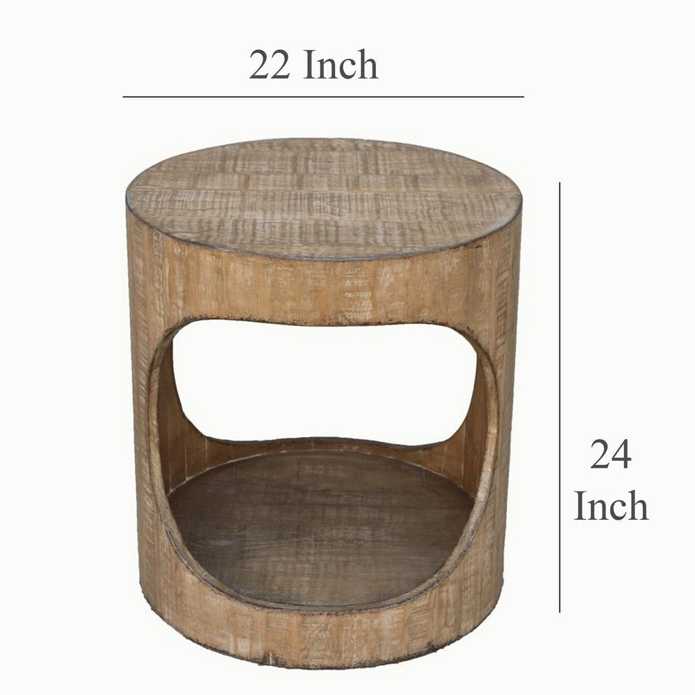 Roki Side End Table w Shelf 22’’ Natural Brown Pine Wood Round Top BM326590