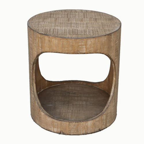 Roki Side End Table w Shelf, 22" Natural Brown Pine Wood Round Top