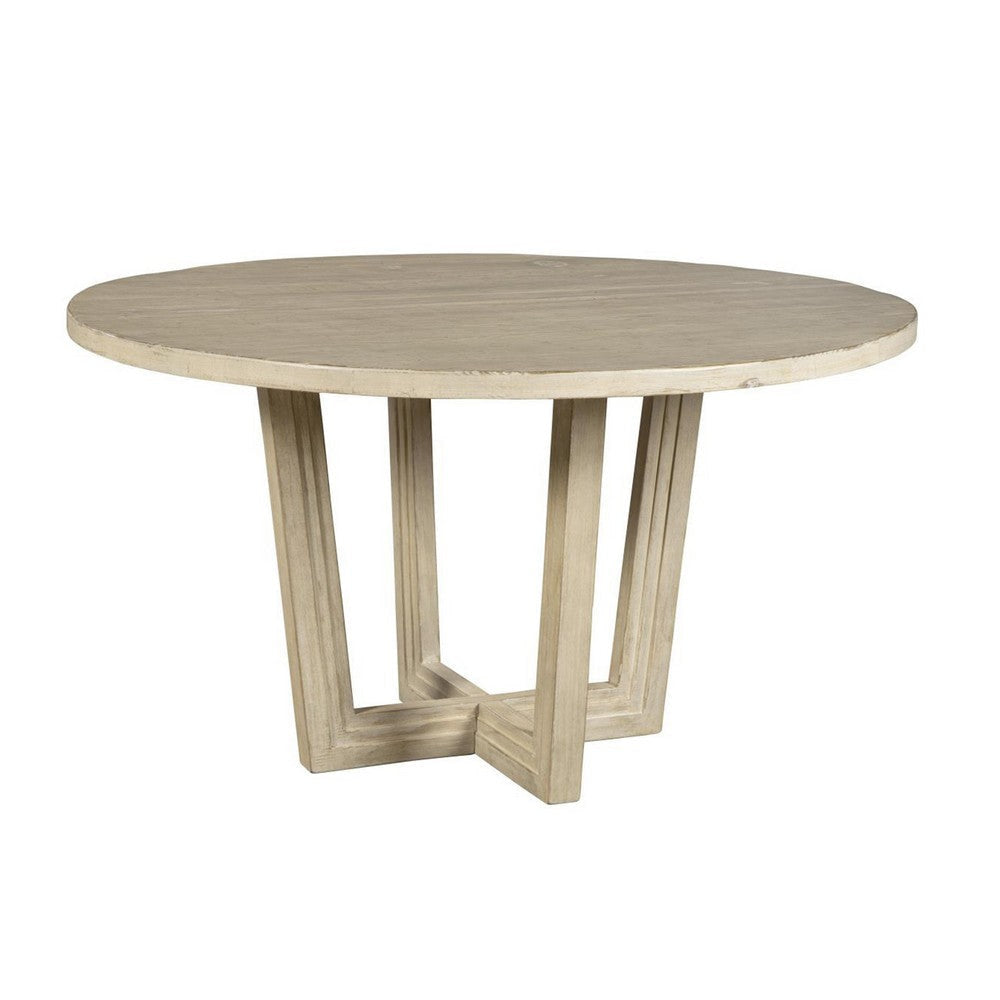 Lasa Dining Table, 54" Round Pine Wood Top, Whitewash Cross Base