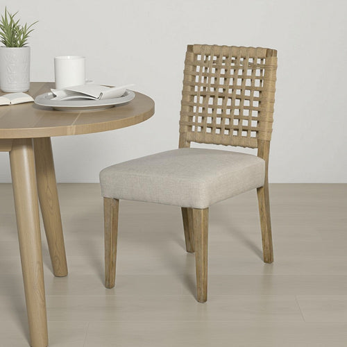 Trya Dining Side Chair Set of 2, Woven Backrest, White, Pine Wood