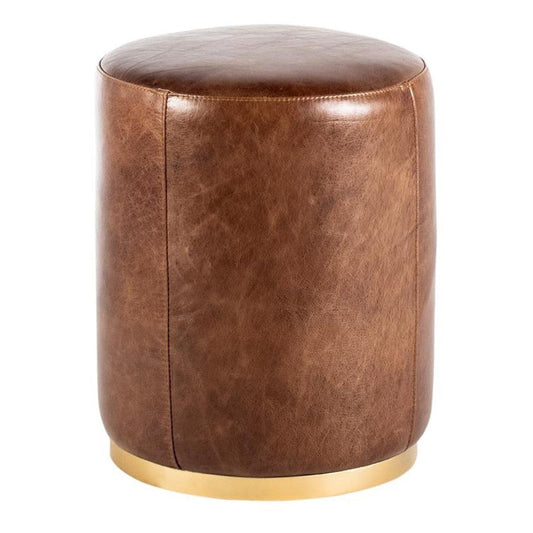 Fury Round Ottoman, Brown Faux Leather Upholstery, Brass Accent Trim