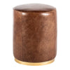 Fury Round Ottoman, Brown Faux Leather Upholstery, Brass Accent Trim
