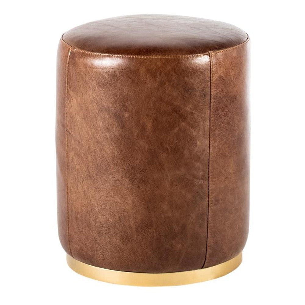 Fury Round Ottoman Brown Faux Leather Upholstery Brass Accent Trim BM326621