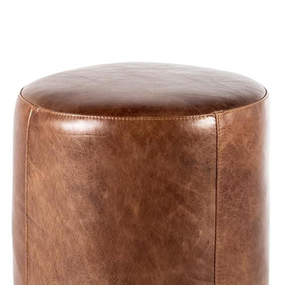 Fury Round Ottoman Brown Faux Leather Upholstery Brass Accent Trim BM326621