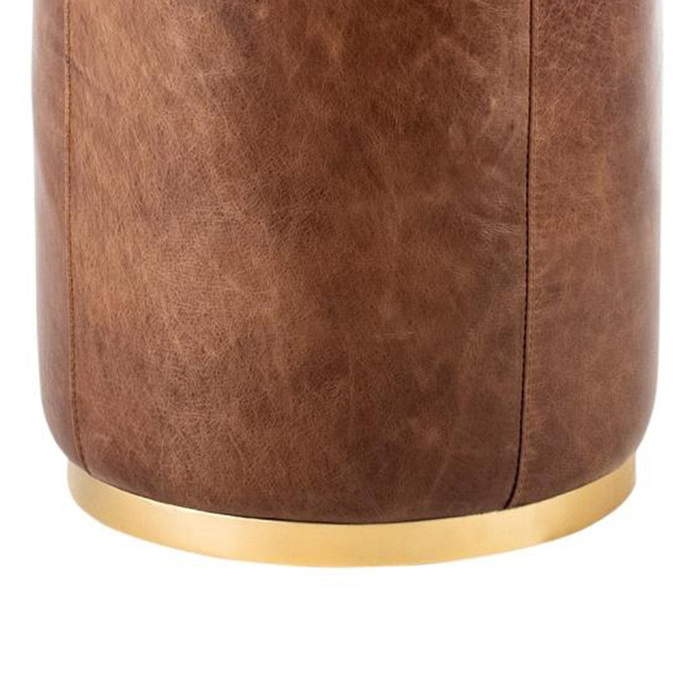Fury Round Ottoman Brown Faux Leather Upholstery Brass Accent Trim BM326621