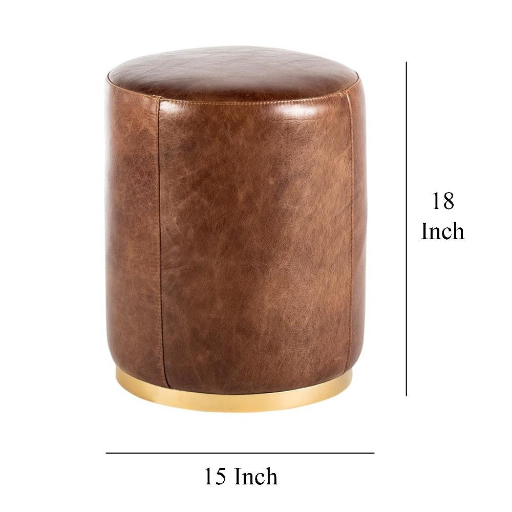 Fury Round Ottoman Brown Faux Leather Upholstery Brass Accent Trim BM326621