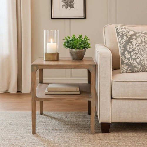 Tuley Corner End Table | Storage Shelf | Gray Pine Wood | 22in Square