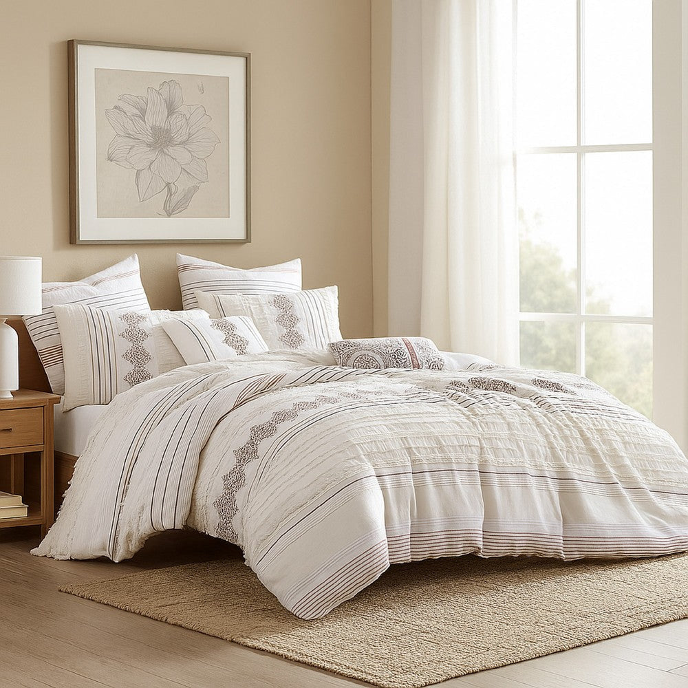 Jela 5pc King Size Comforter Set | Shams White Clipped Jacquard Stripe