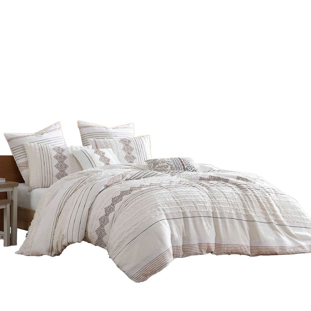 Jela 5pc King Size Comforter Set | Shams White Clipped Jacquard Stripe