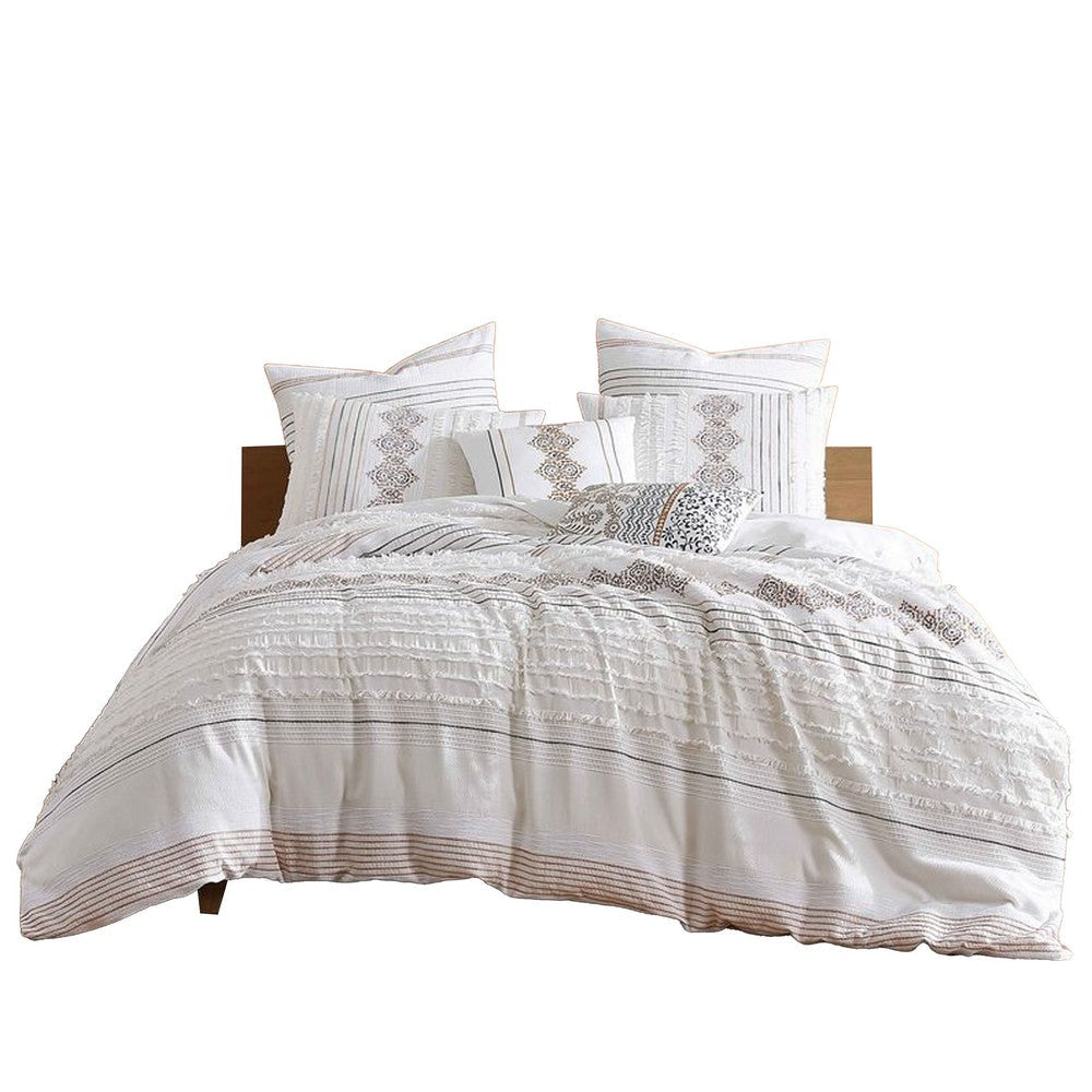 Jela 5pc Queen Comforter Set | Shams | White Clipped Jacquard Stripe