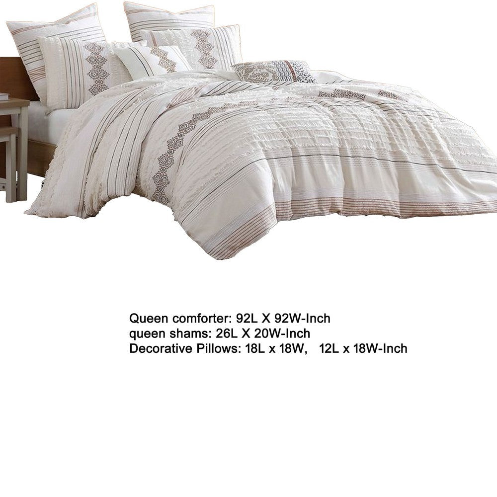 Jela 5pc Queen Comforter Set | Shams | White Clipped Jacquard Stripe
