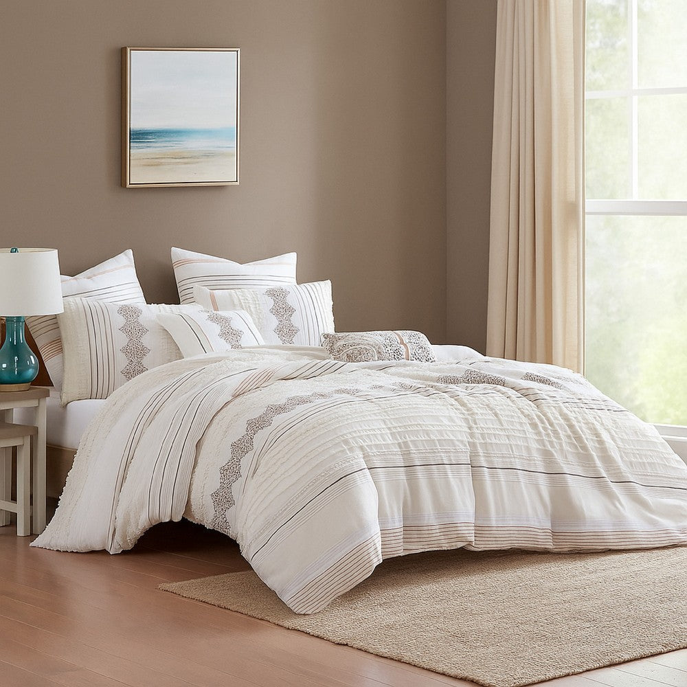 Jela 5pc Queen Comforter Set | Shams | White Clipped Jacquard Stripe