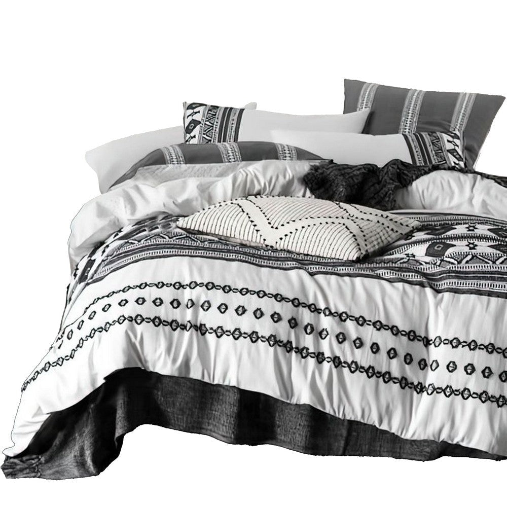 Jim 5pc Queen Size Comforter Set | Shams | White Black Jacquard Stripe