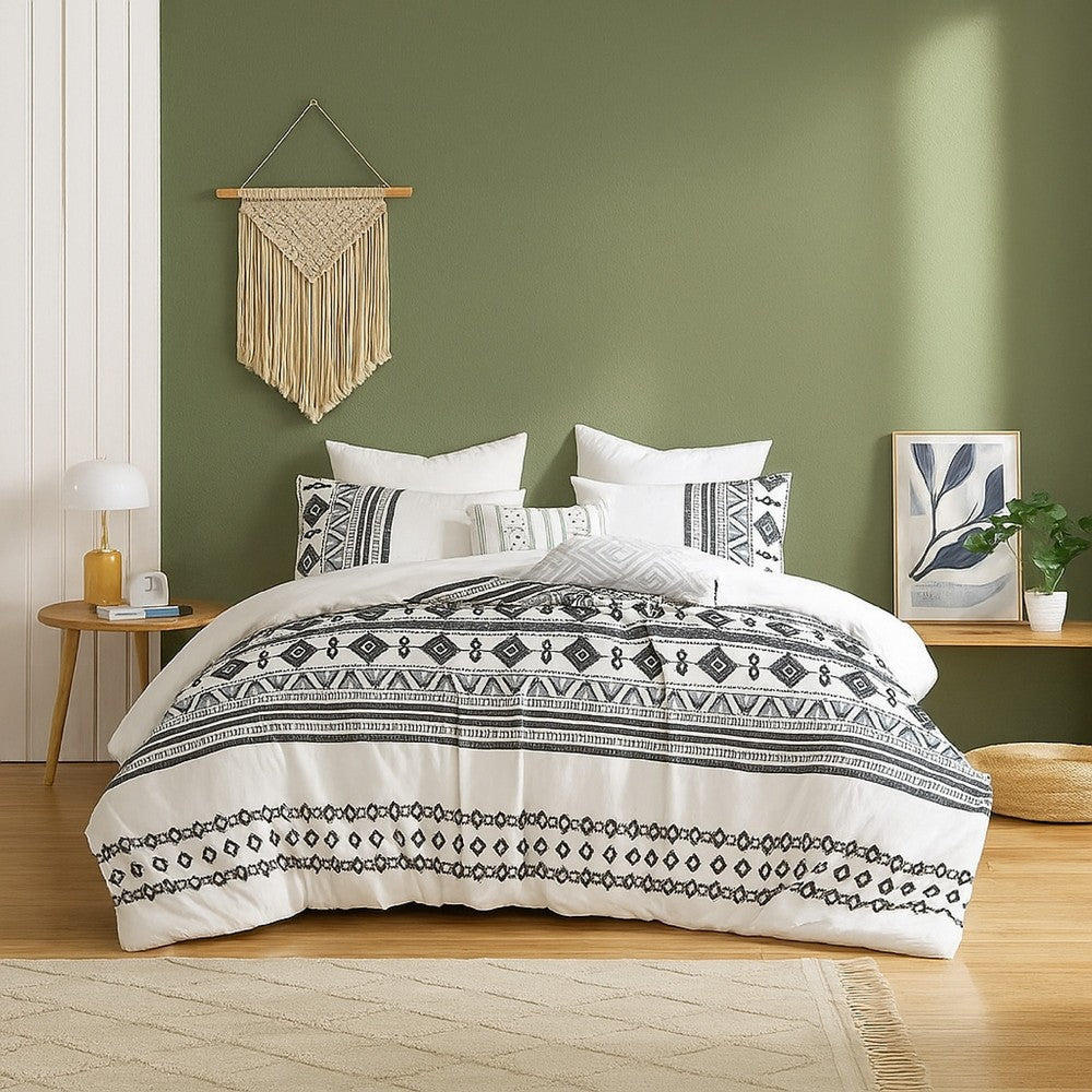 Jim 5pc Queen Size Comforter Set | Shams | White Black Jacquard Stripe