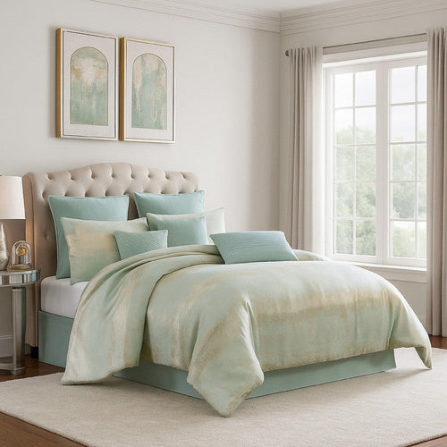 Teesa 10pc King Comforter Set | Shams | Blue and Gold Woven Jacquard