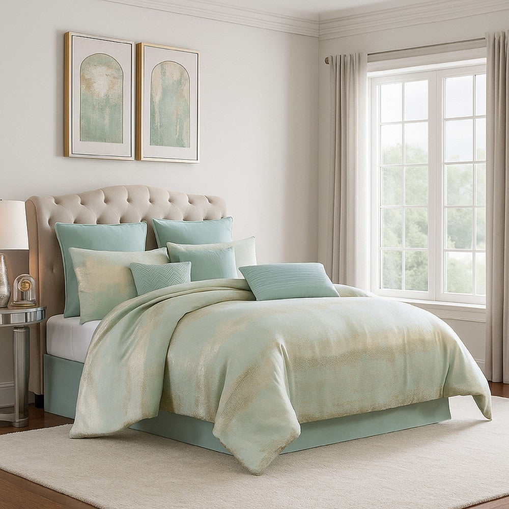 Teesa 10pc King Comforter Set | Shams | Blue and Gold Woven Jacquard