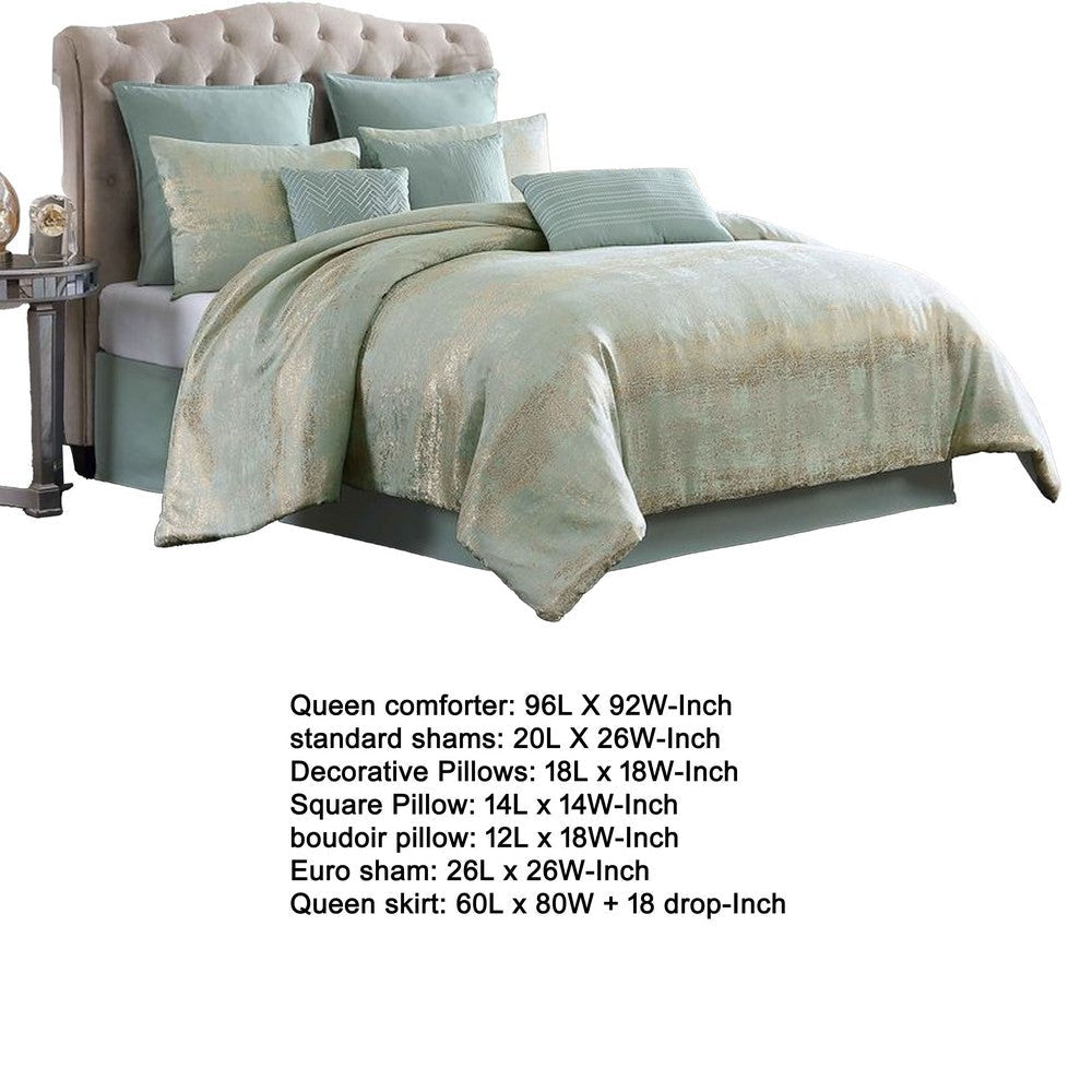 Teesa 9pc Queen Comforter Set | Shams | Blue and Gold Woven Jacquard