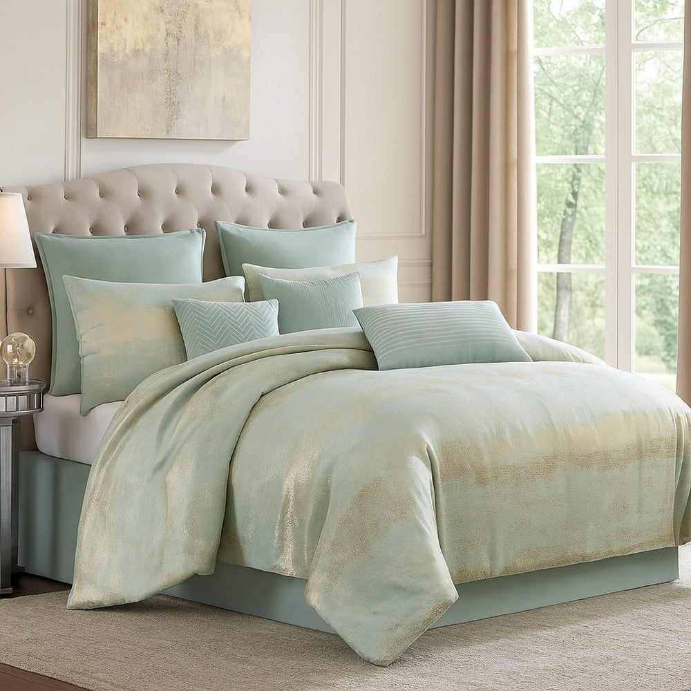 Teesa 9pc Queen Comforter Set | Shams | Blue and Gold Woven Jacquard