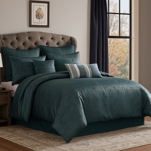 Beny 10pc King Size Comforter Set | Dark Turquoise Blue Woven Jacquard