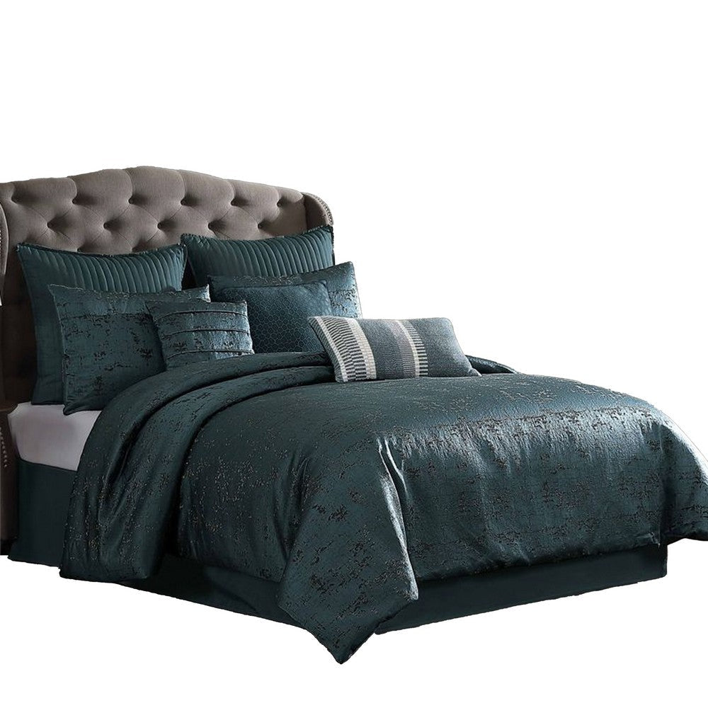 Beny 10pc King Size Comforter Set | Dark Turquoise Blue Woven Jacquard