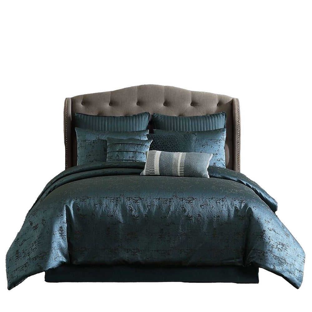 Beny 9pc King Size Comforter Set | Dark Turquoise Blue Woven Jacquard