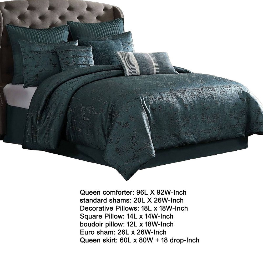 Beny 9pc King Size Comforter Set | Dark Turquoise Blue Woven Jacquard