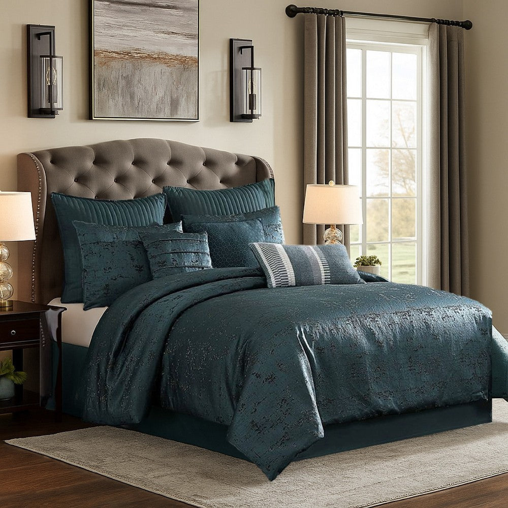 Beny 9pc King Size Comforter Set | Dark Turquoise Blue Woven Jacquard