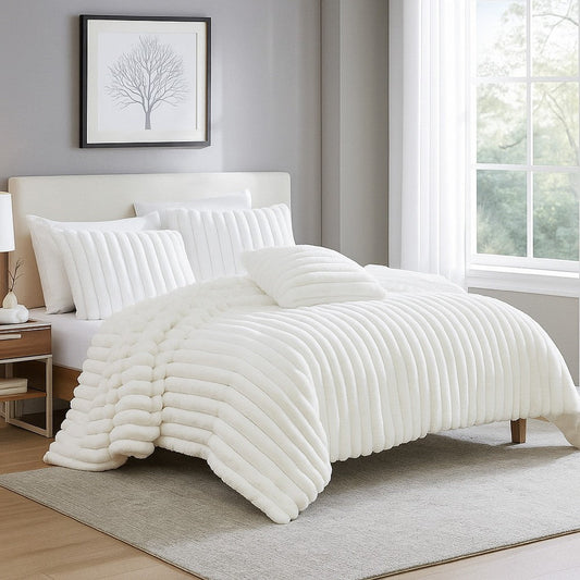 Sieno 4pc King Comforter Set | White Faux Fur and Micro Mink Backing
