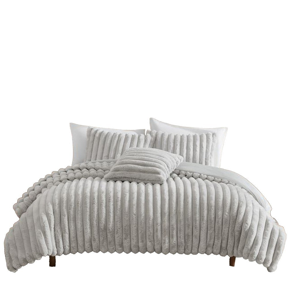 Sieno 4pc King Comforter Set | Gray Faux Fur and Micro Mink Backing