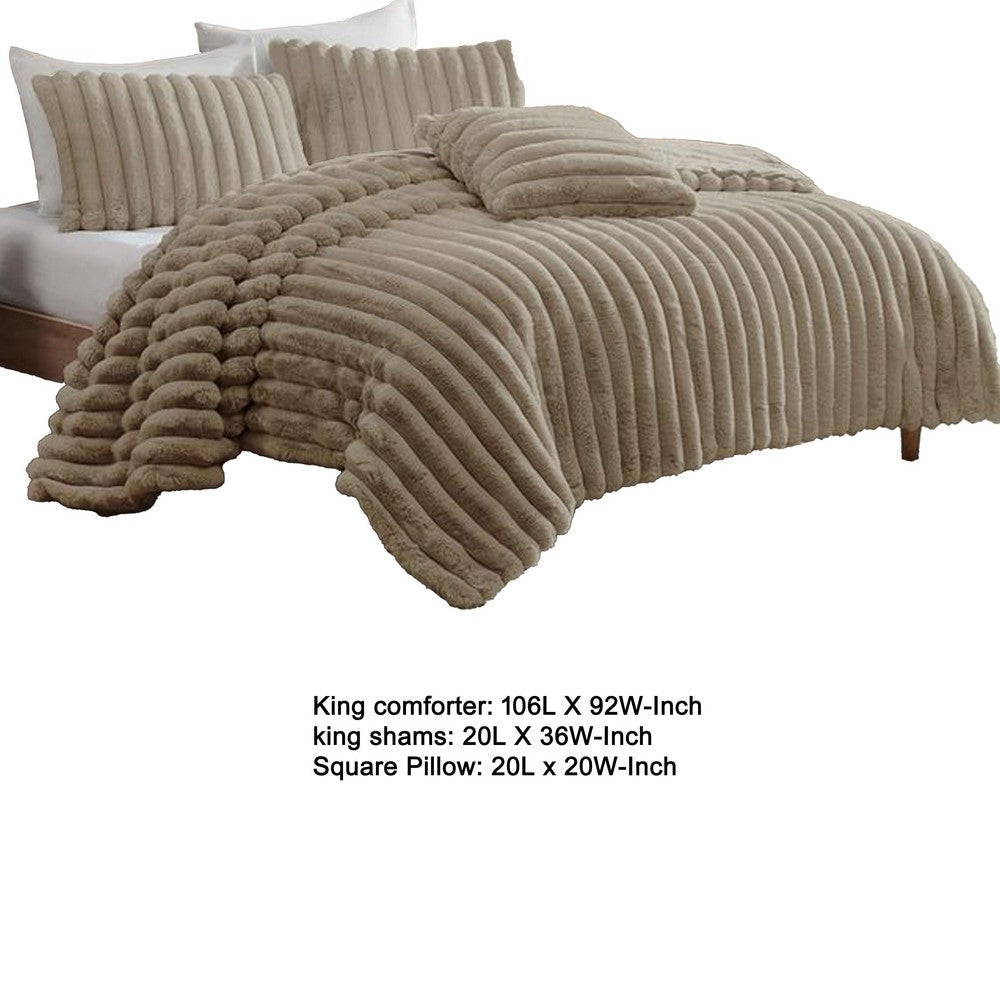 Sieno 4pc King Comforter Set | Taupe Brown Faux Fur Micro Mink Backing