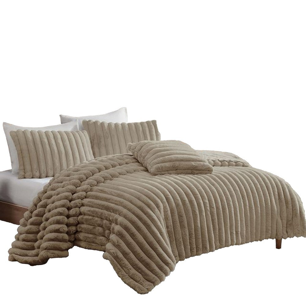 Sieno 4pc King Comforter Set | Taupe Brown Faux Fur Micro Mink Backing