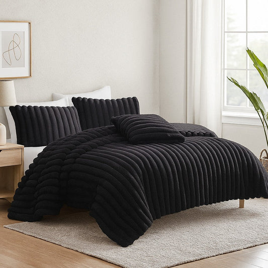 Sieno 4pc King Comforter Set | Shams | Black Faux Fur Micro Mink Back
