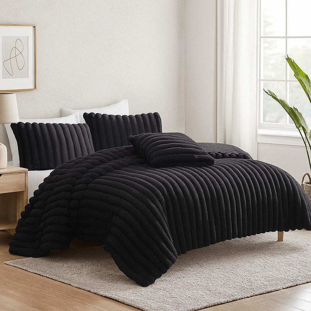 Sieno 4pc King Comforter Set | Shams | Black Faux Fur Micro Mink Back